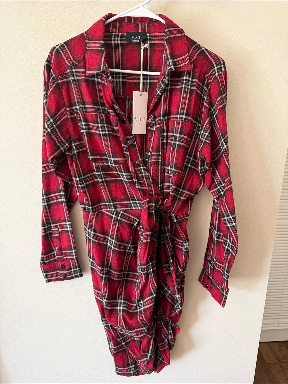 VICI Red Black White Plaid Tie-Waist Shirt Dress